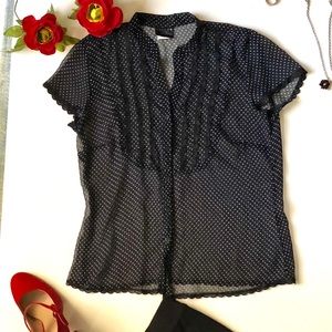 B&W sheer polka dot top, black lace trim